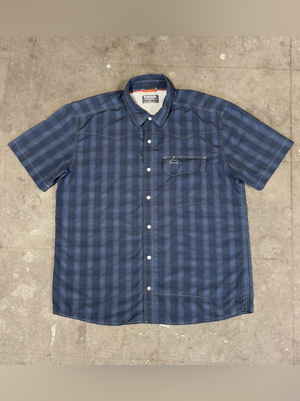 Simms Big Sky Pearl Snap Fishing Shirt Large Blue Stripe Plaid Western Vented